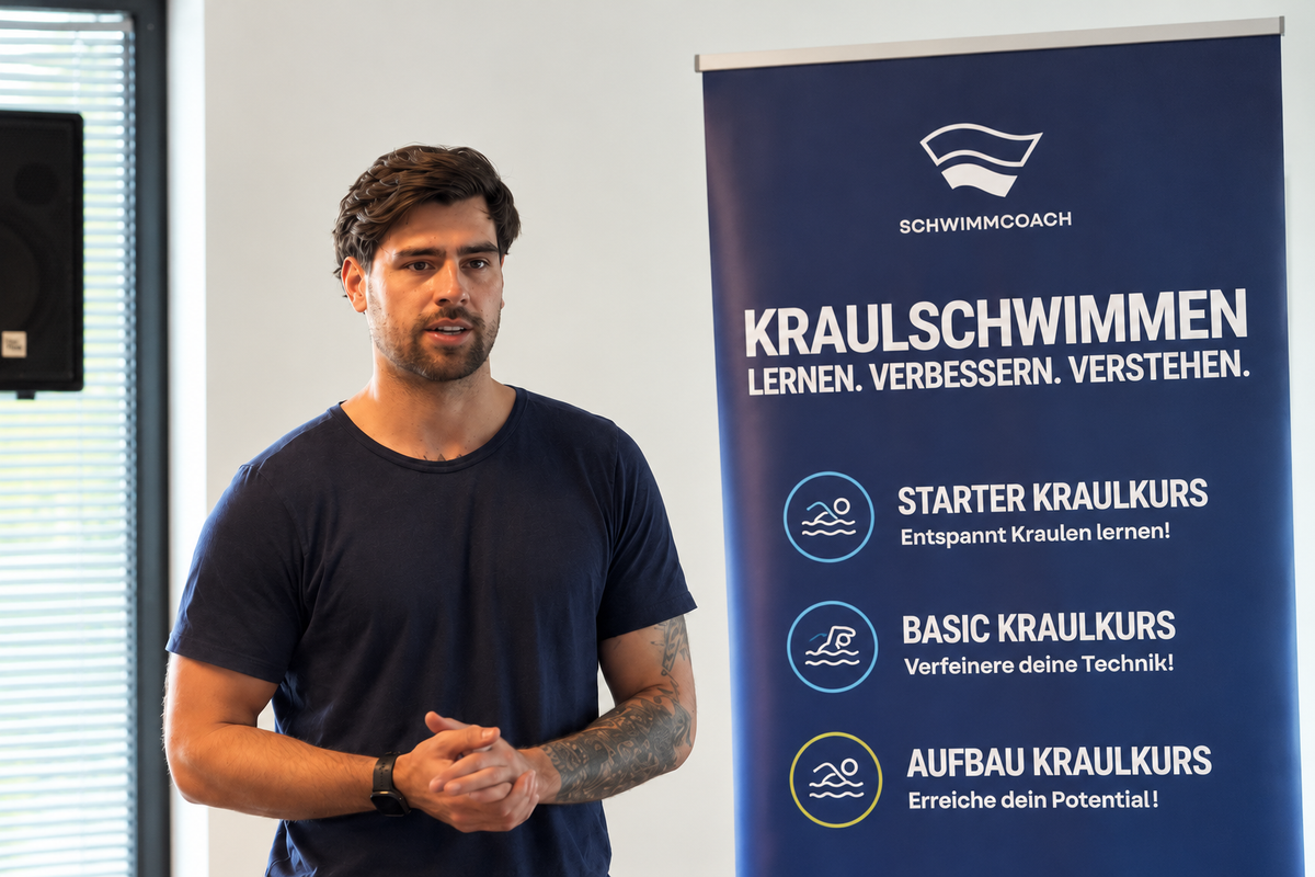 Nicolai Haas (Nic) neben dem Schwimmcoach-Banner – Workshop Bremen, Querformat